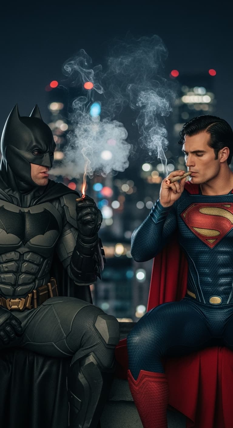 AI generated: realistic image of batman and superman smoke a blunt