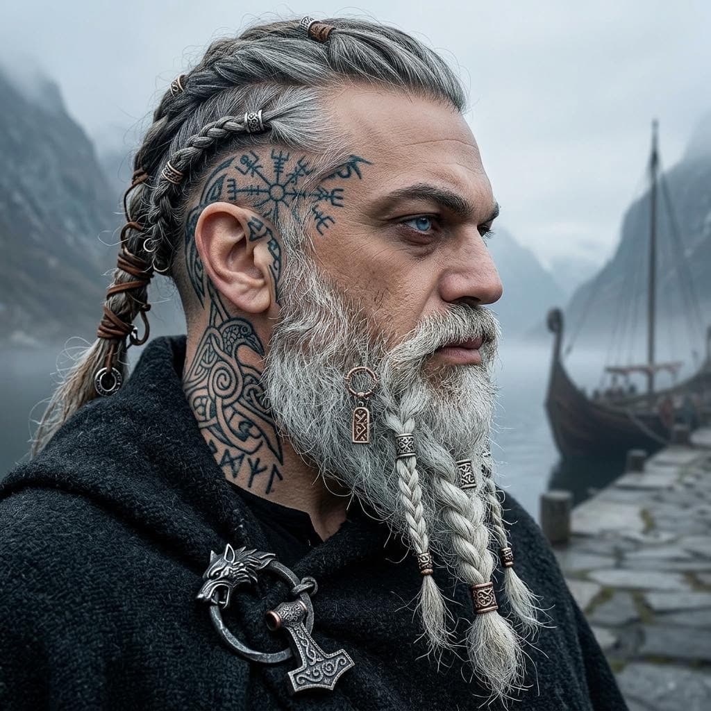 AI generated: {
  "subject_and_concept": {
    "subject": "A striking, middle-aged man with a Viking-inspired aest...