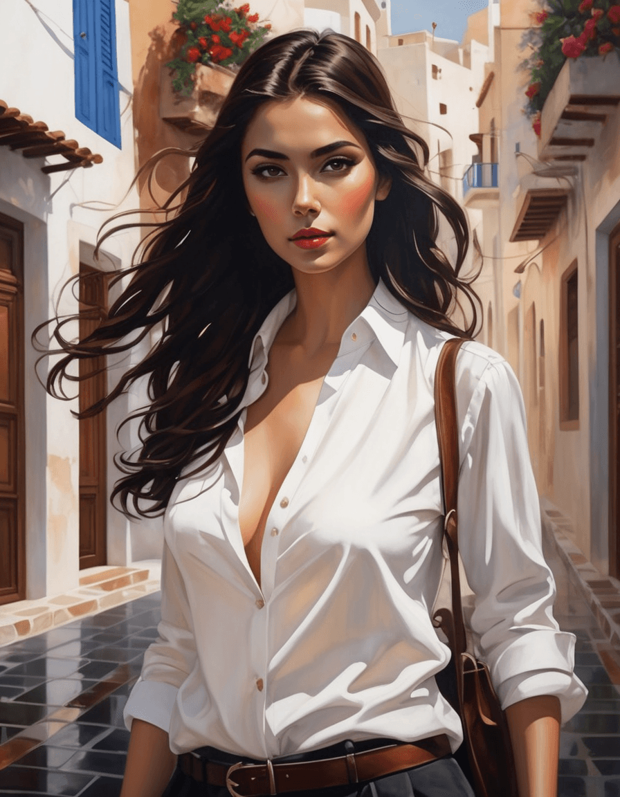 AI generated: painting, short length portrait of a beautiful woman walking down a a street at Santorini, open whit...