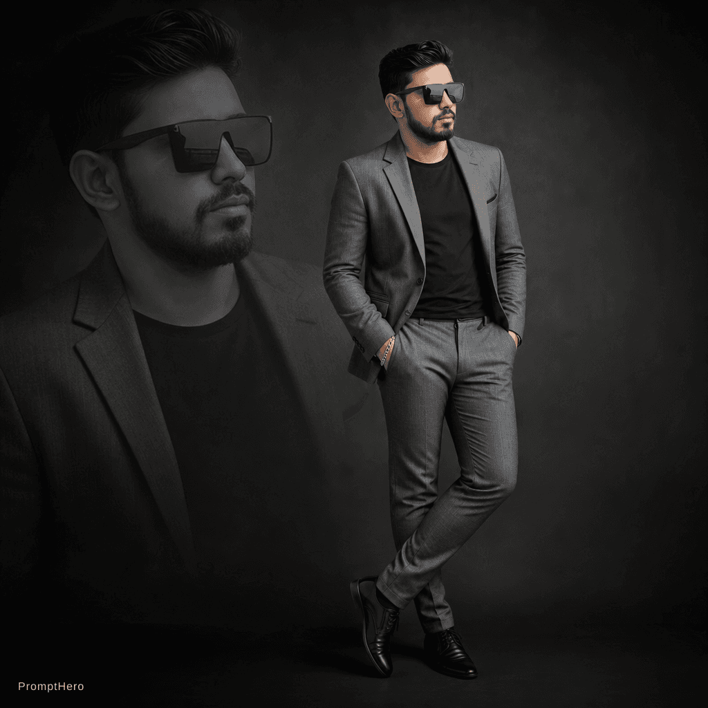 AI generated: "A stylish young man wearing a modern slim-fit grey suit with a black t-shirt inside, standing confi...