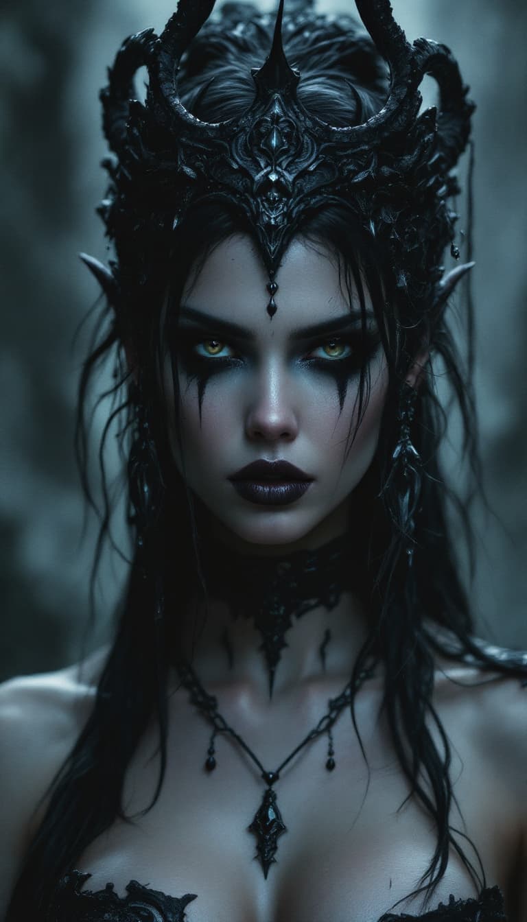 AI generated: Design a photorealistic portrait of a woman with dark makeup and makeup art, set in a dark concept a...