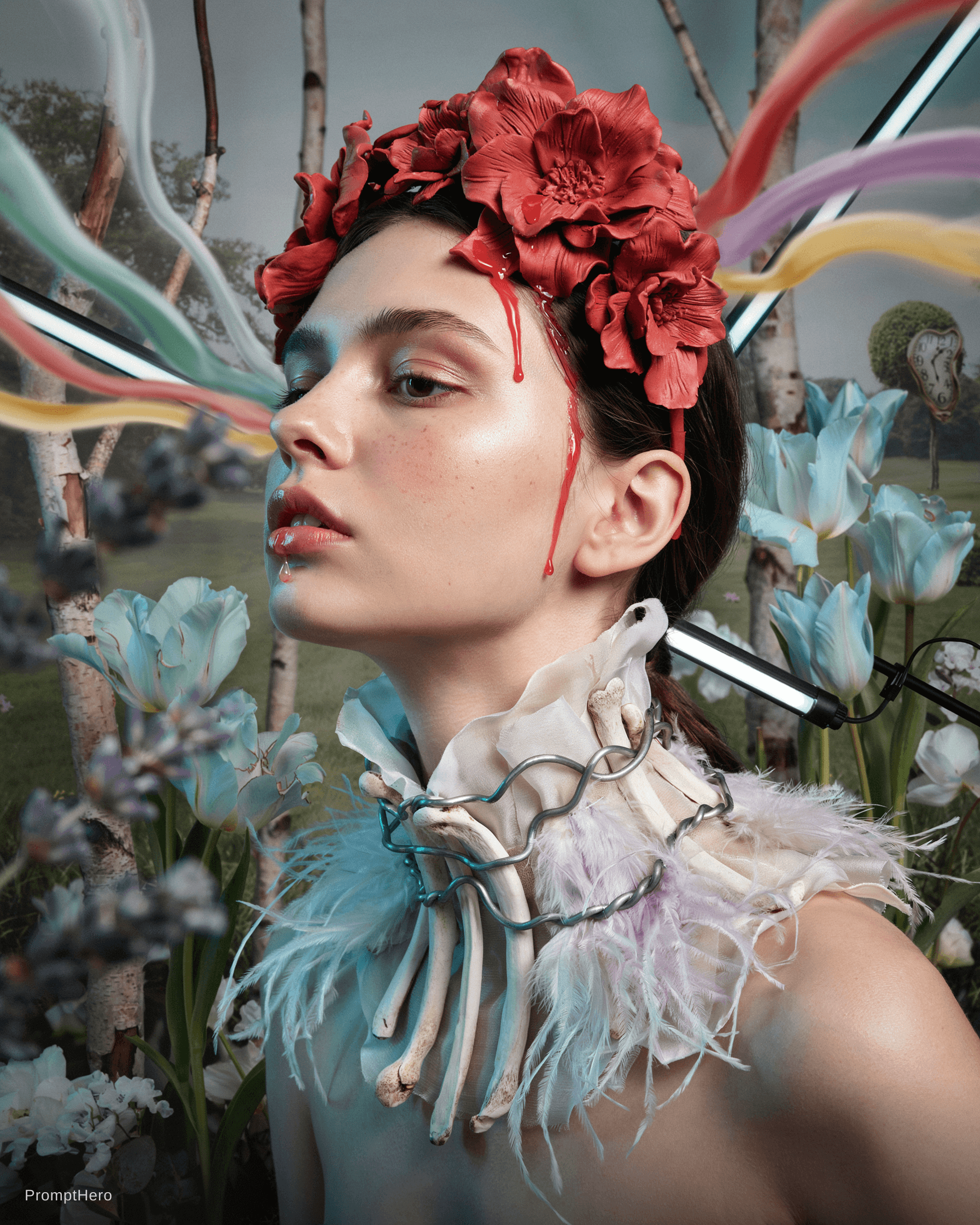 AI generated: editorial photoshoot of a woman's face in a pastel dream , colors flowing from her face wild fashion...