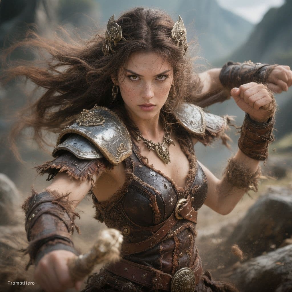 AI generated: Create an image of an ancient mythical warrior princess known for her beauty, wisdom and fast, focus...