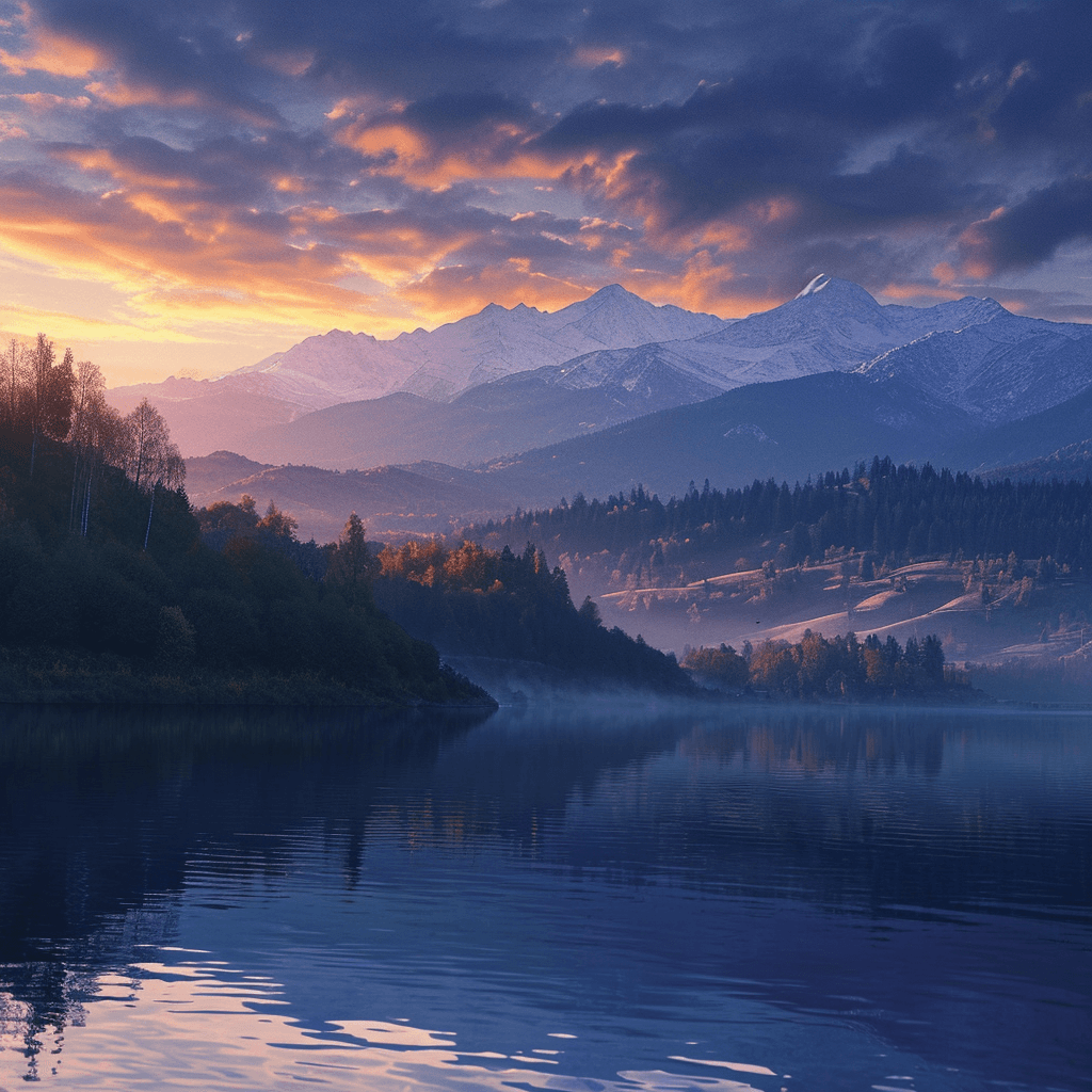 AI generated: Generate an image of a beautiful landscape bathed in the soft glow of dawn. In the foreground, a tra...