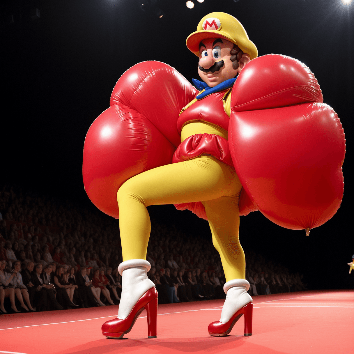 AI generated: (mario by nintendo, mario:1.2),fashion show, stunning outfits, haute couture model in very [puffy Hy...