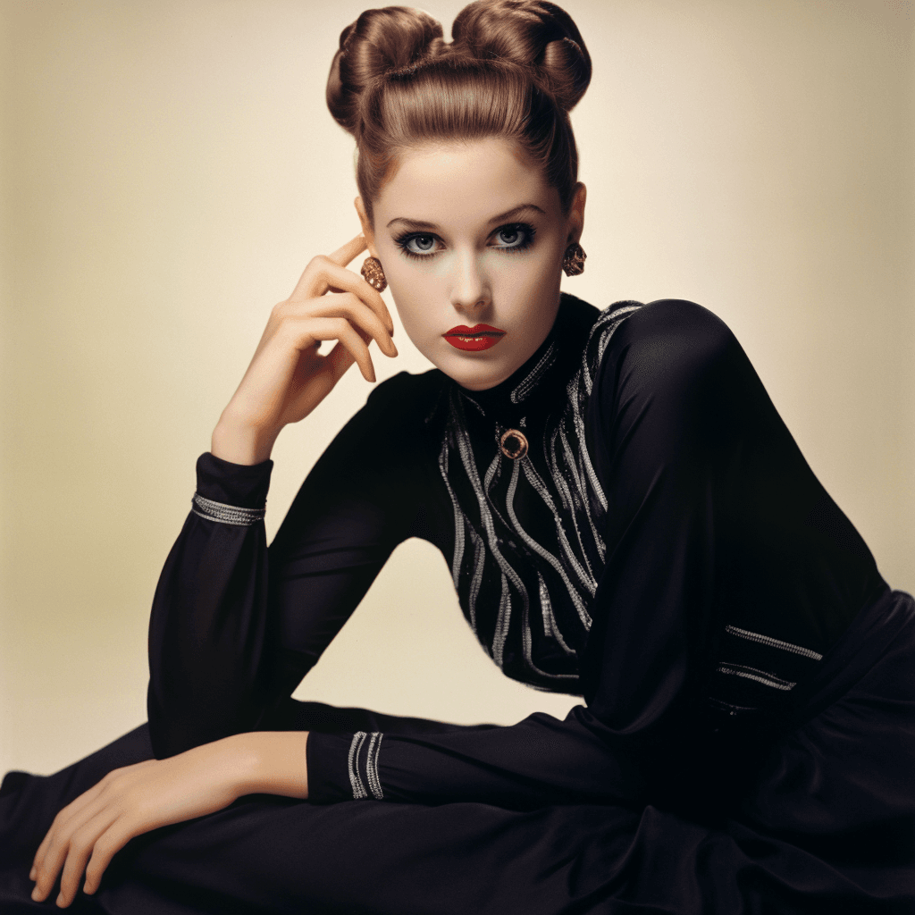 AI generated: A photograph of a young fashion model wearing a black dress and white tights, posing laying on the f...