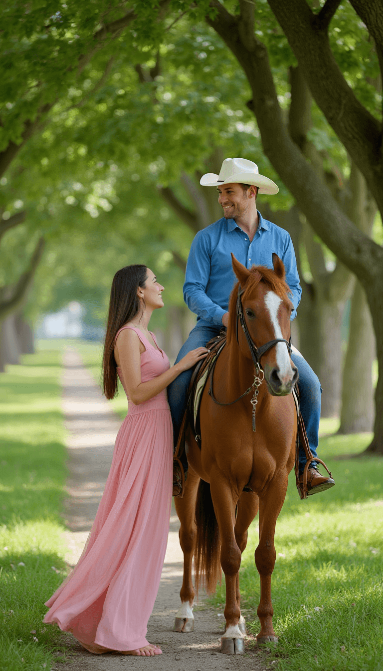 AI generated: In the serene setting of a tree-lined path, a young woman in a pink dress and a man on a brown horse...