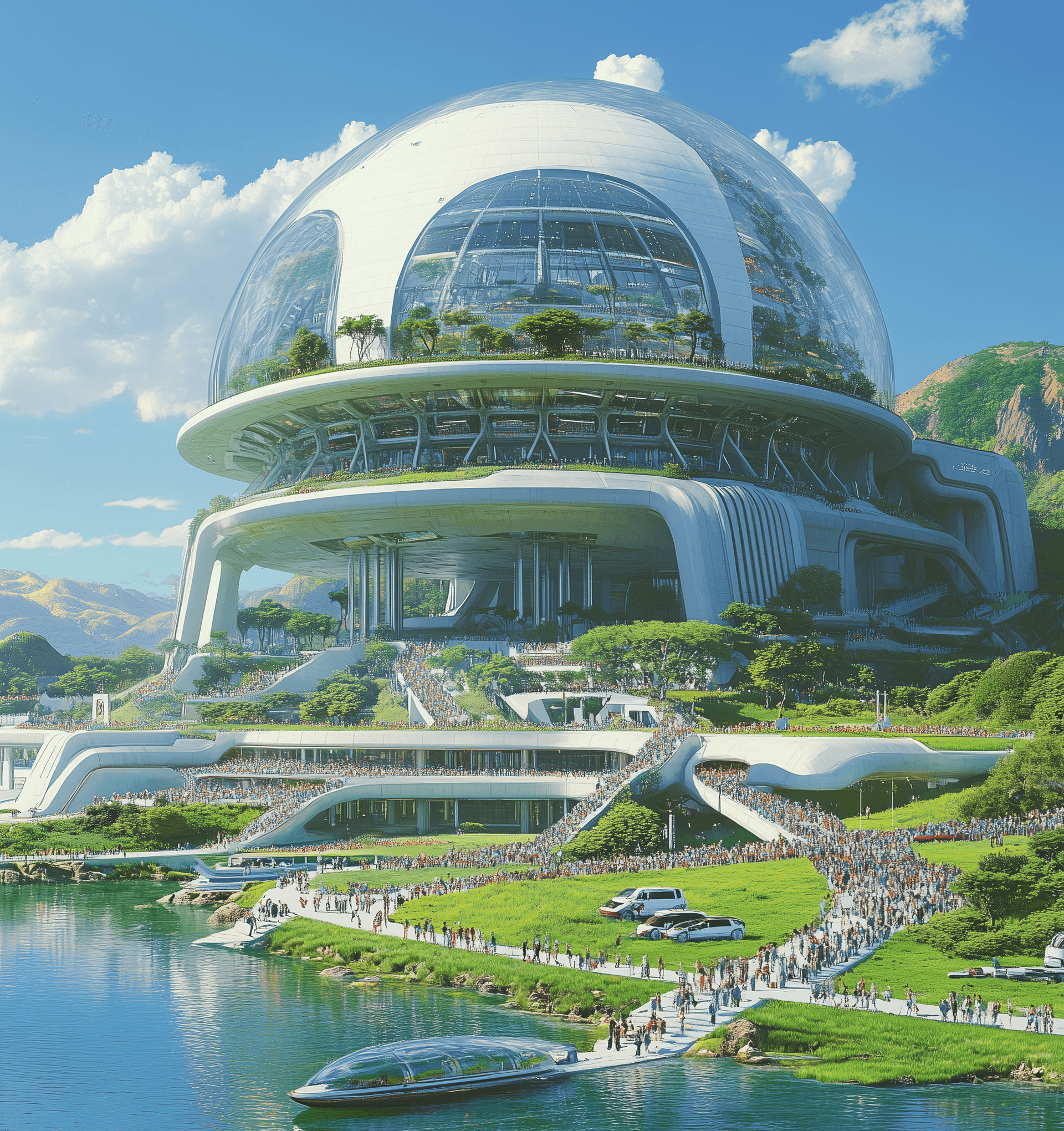 AI generated: A futuristic stadium in the style of Syd Mead and Katsuhiro Otomo, situated on an island surrounded ...