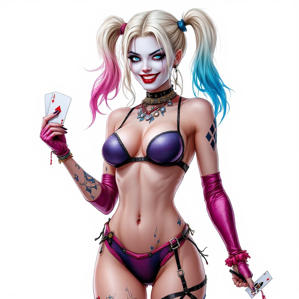 AI generated: Harley Quinn full body long shot,  with crystal blue eyes, pretty face,  sexy pose in  her  original...