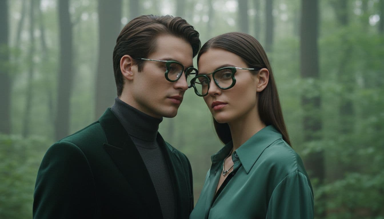 AI generated: Professional outdoor fashion photoshoot, close-up portrait of a man and a woman standing very close ...