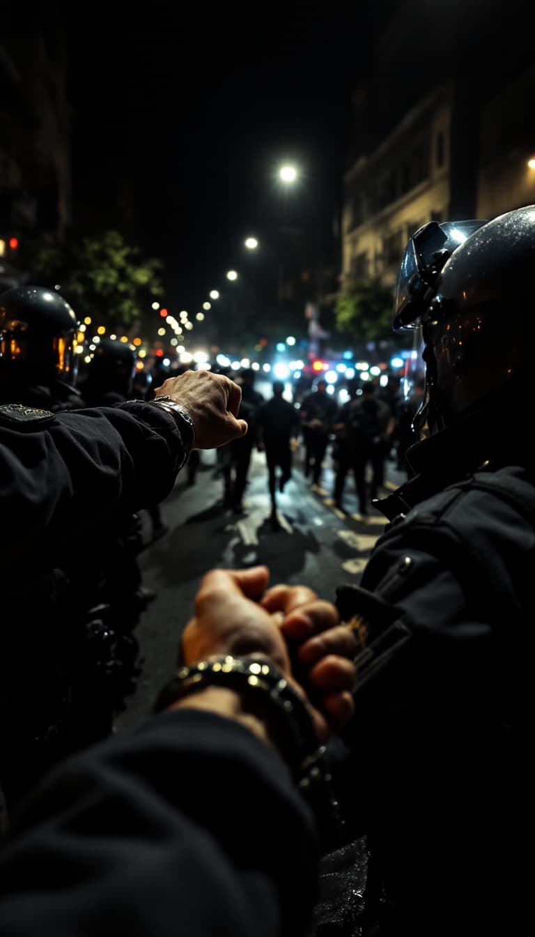 AI generated: POV, I am in a protest in Turkey. Turkish police arresting me with handcuffs. Only my hands are visi...