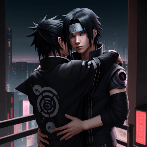 AI generated: sasuke from naruto cyberpunk style, 4k, 2 boys, yaoi, naruto, sasuke, love, night, hug, home, moon 