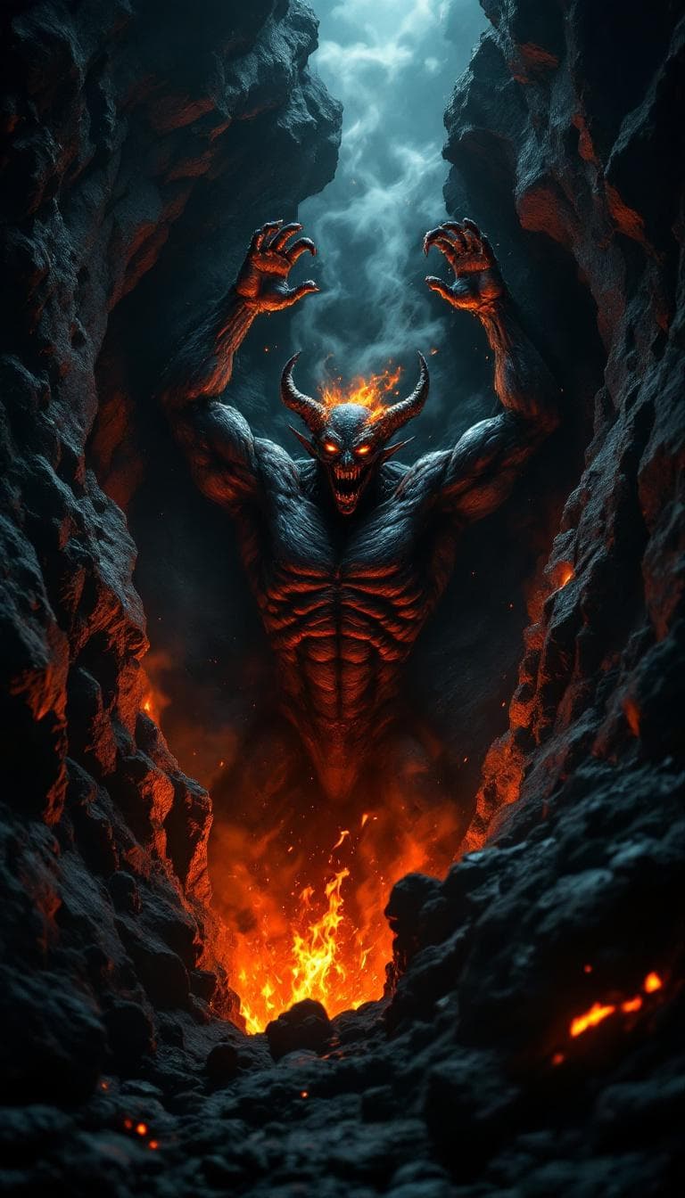 AI generated: A demonic figure emerging from a deep fissure in the earth, its body twisted and muscular, reaching ...