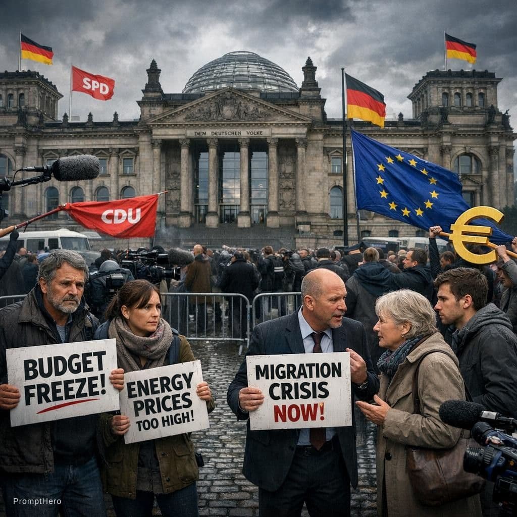 AI generated: Photorealistic news-style photo of Berlin’s Reichstag during a tense political moment. Overcast sky,...