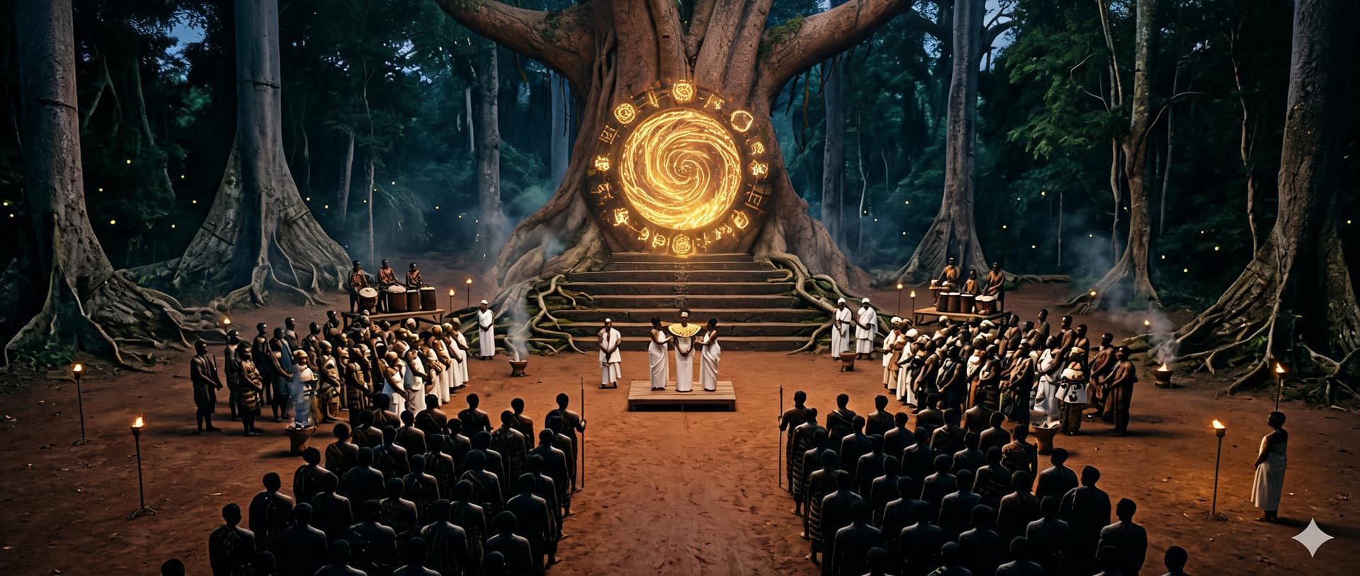 AI generated: ### Image Analysis

This image is a **cinematic Afro-futurist sacred ceremony** set in an ancient fo...