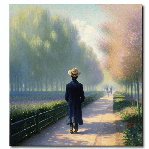 AI generated:  a stunning watercolor painting on canvas of a lonely man, in the style of Claude Monet :: 4 Giverny...