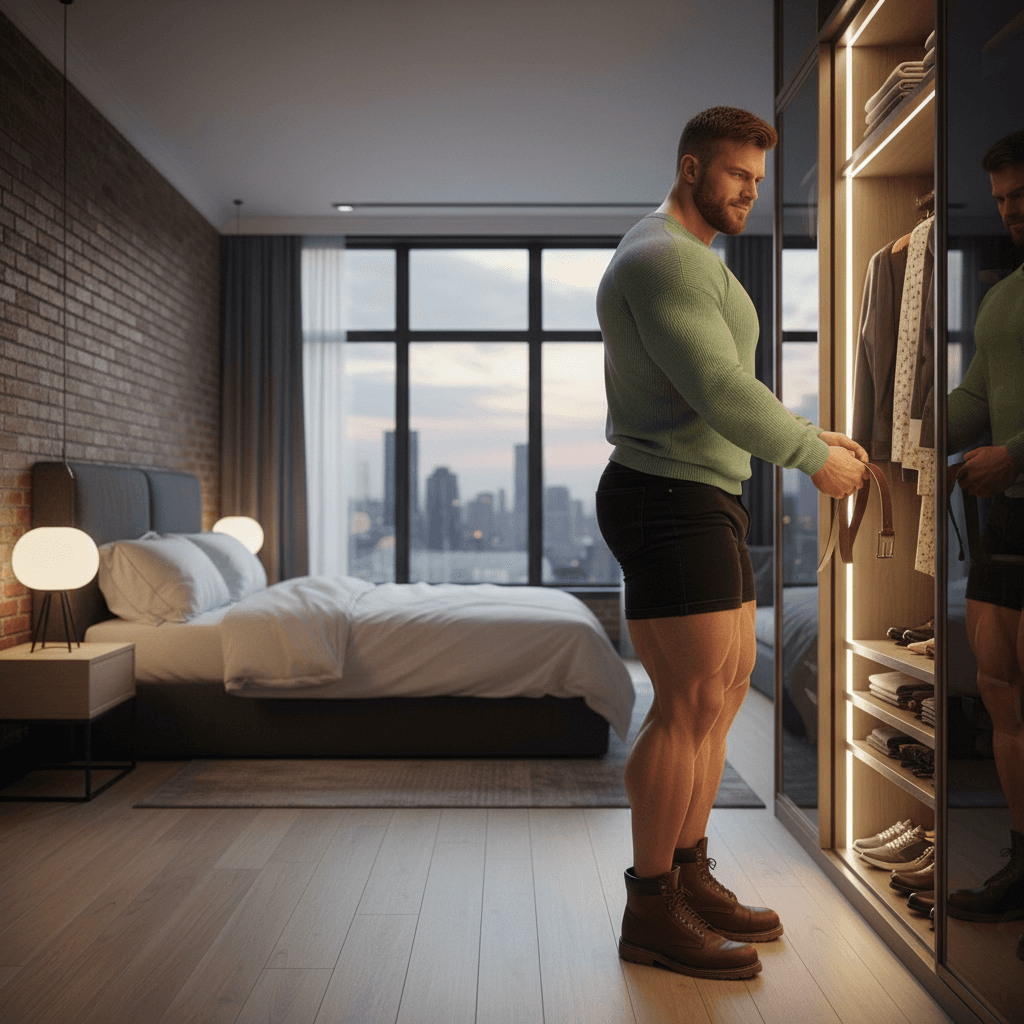 AI generated:  At a large bedroom. The model is a bodybuilder, he has muscular shoulders, and huge muscular legs. ...