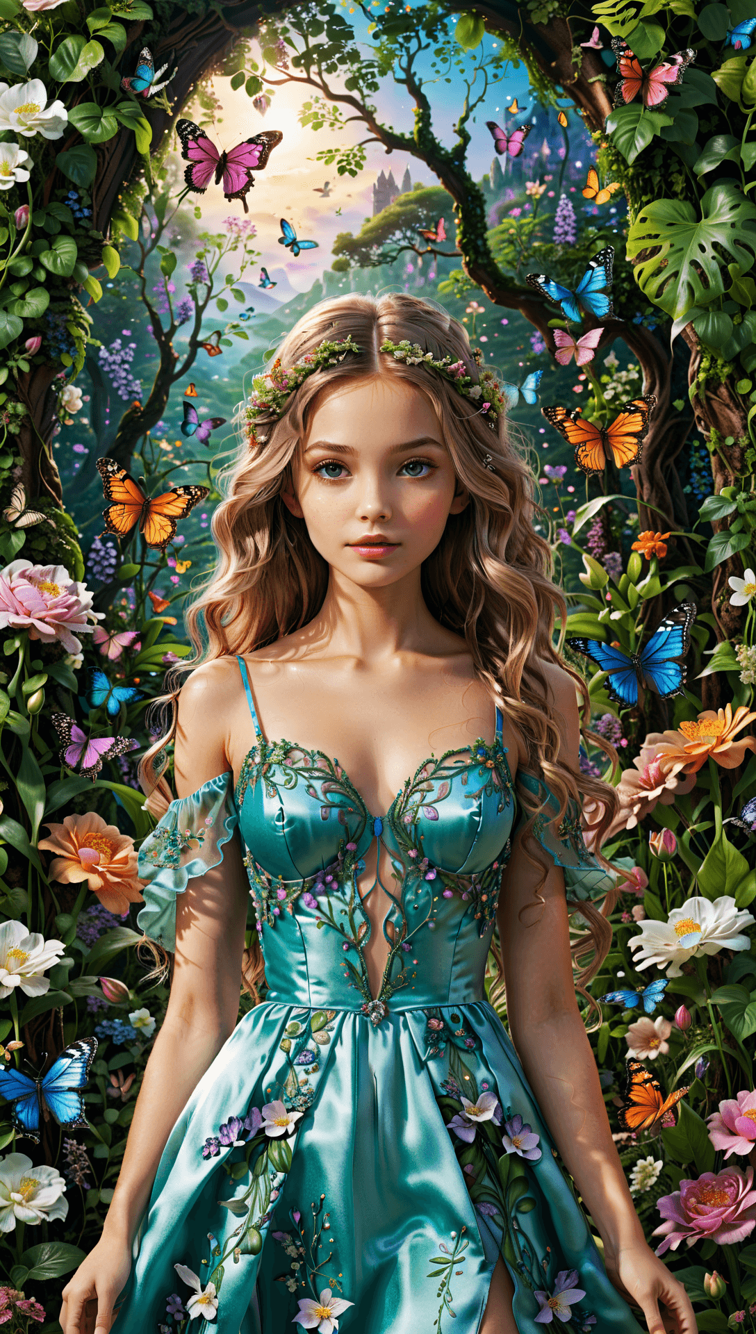 AI generated: Generate a full image of a girl standing in a fantastical garden. The garden is lush with vibrant, o...
