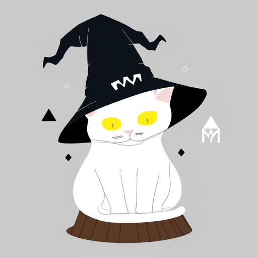 AI generated: A flat illustration of a cat wearing a witch's hat and sitting on the skull, minimalist, warm, utili...