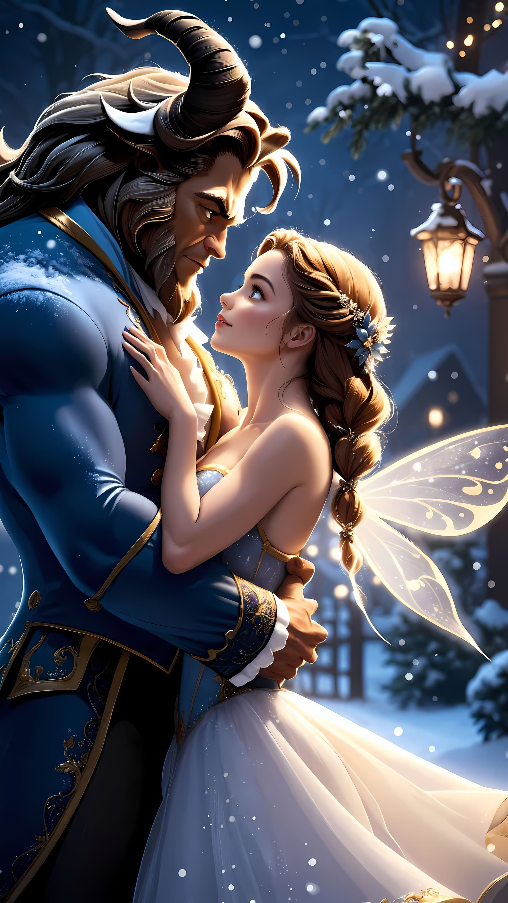 AI generated: Snowy winter Night, Christmas scenery, The beauty and the beast, protagonist in a fairy tale, glowin...