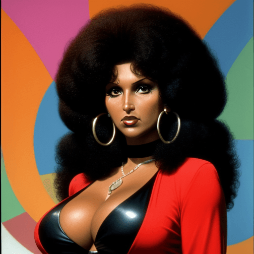 AI generated: Pam Grier the main character of a 70's show called Foxy Brown, serious expression, dressed in all bl...