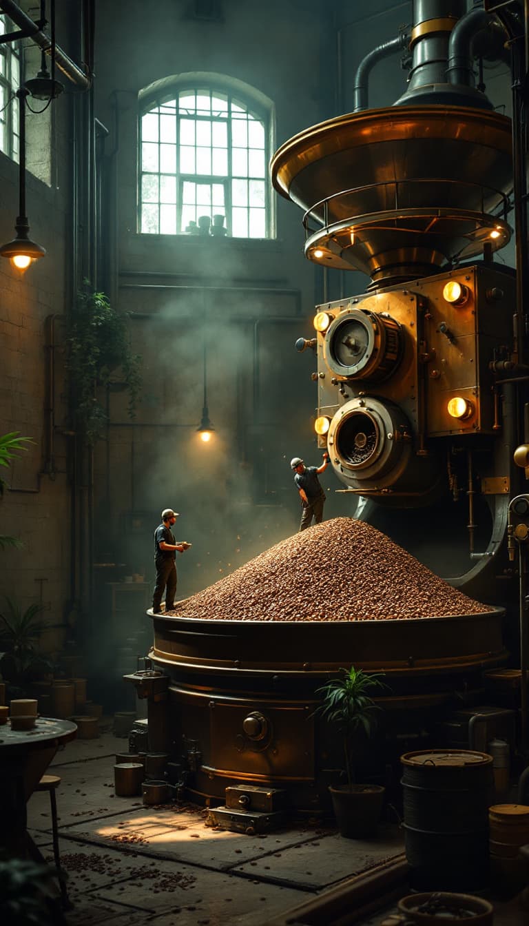 AI generated: In a remote corner of the café, a monstrous coffee roaster rumbles to life. The sound of heavy machi...