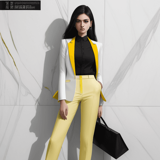 AI generated: fashion cover, front view, upper-body, woman model, white marble wall, black suit, green shirt, yell...