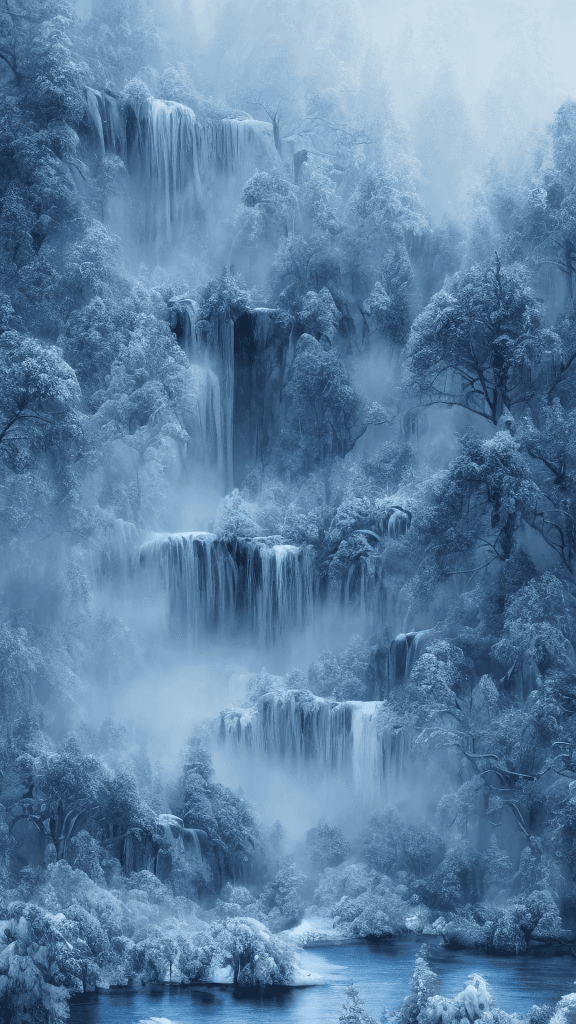 AI generated: winter landscape, blue color, Bokeh, the waterfall, fog over the lake, insanely detailed and intrica...