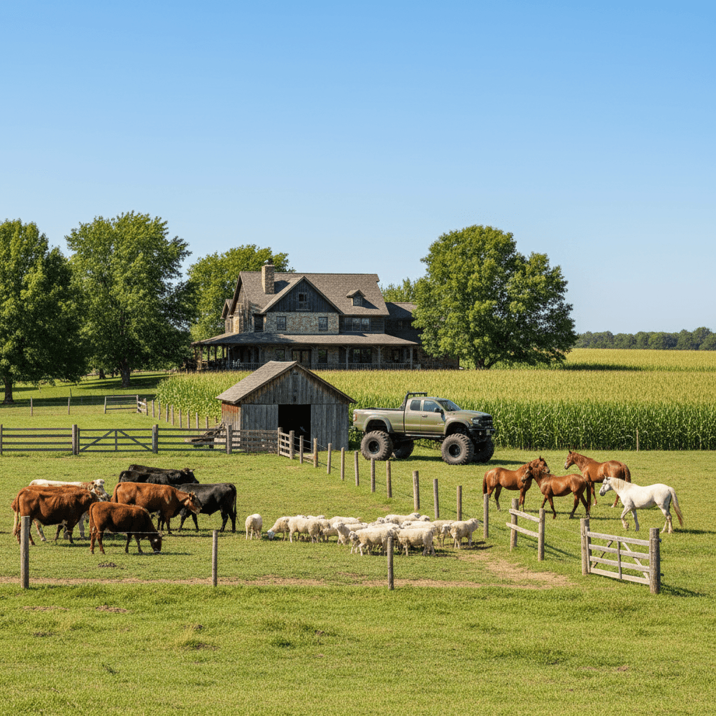 AI generated: A ranch with livestock, cattle, sheep and horses each in separate areas, and a huge green olive pick...