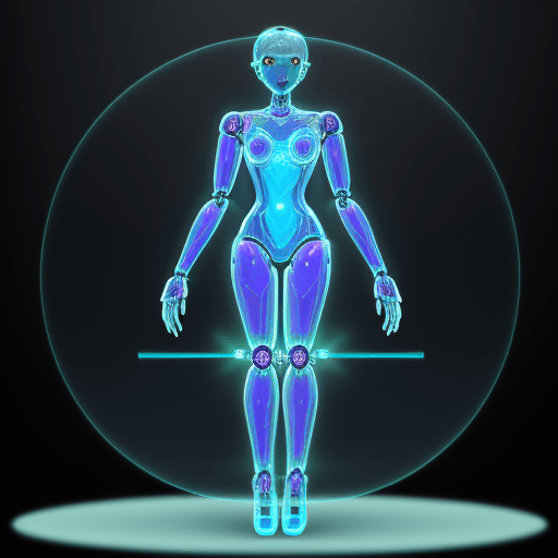 AI generated: humanoid robot, powered by AI, will have a semi-transparent, morphing material body, showcasing holo...