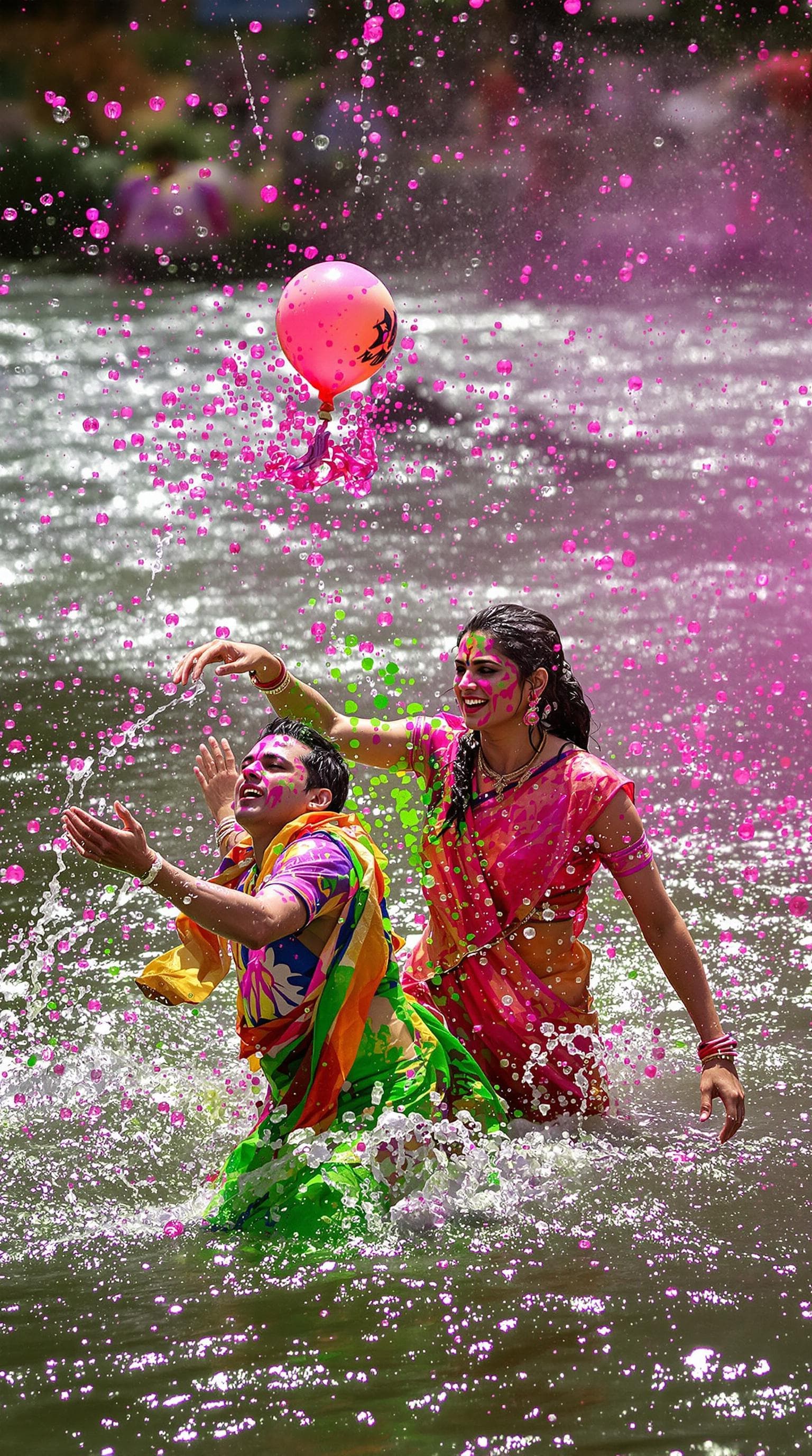AI generated: Krishna and Radha sprint toward the Yamuna River, soaked in pink and green dyes. Radha throws a wate...