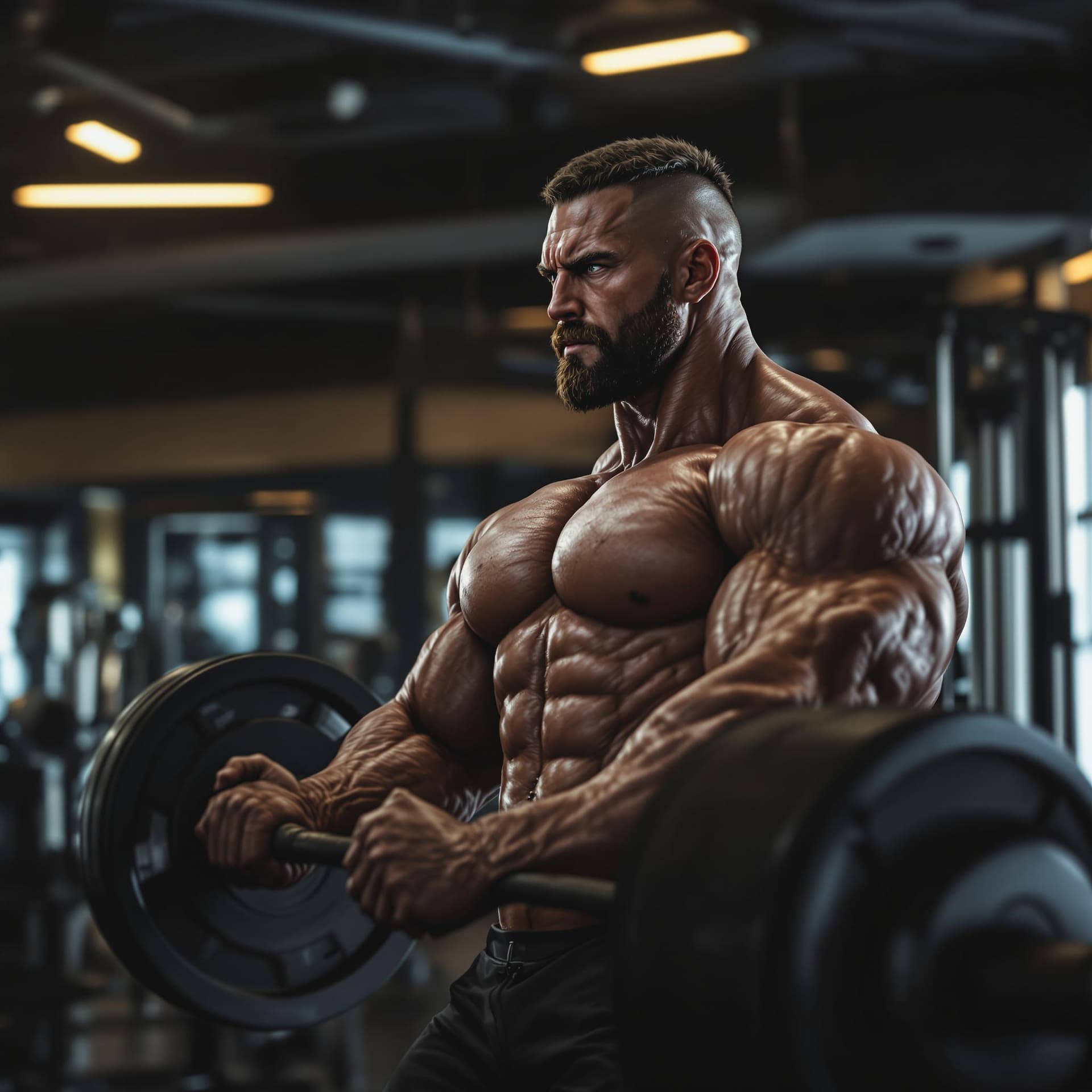 AI generated: A muscular bodybuilder lifting heavy weights in a modern gym, dynamic lighting, hyper-realistic, 4K ...