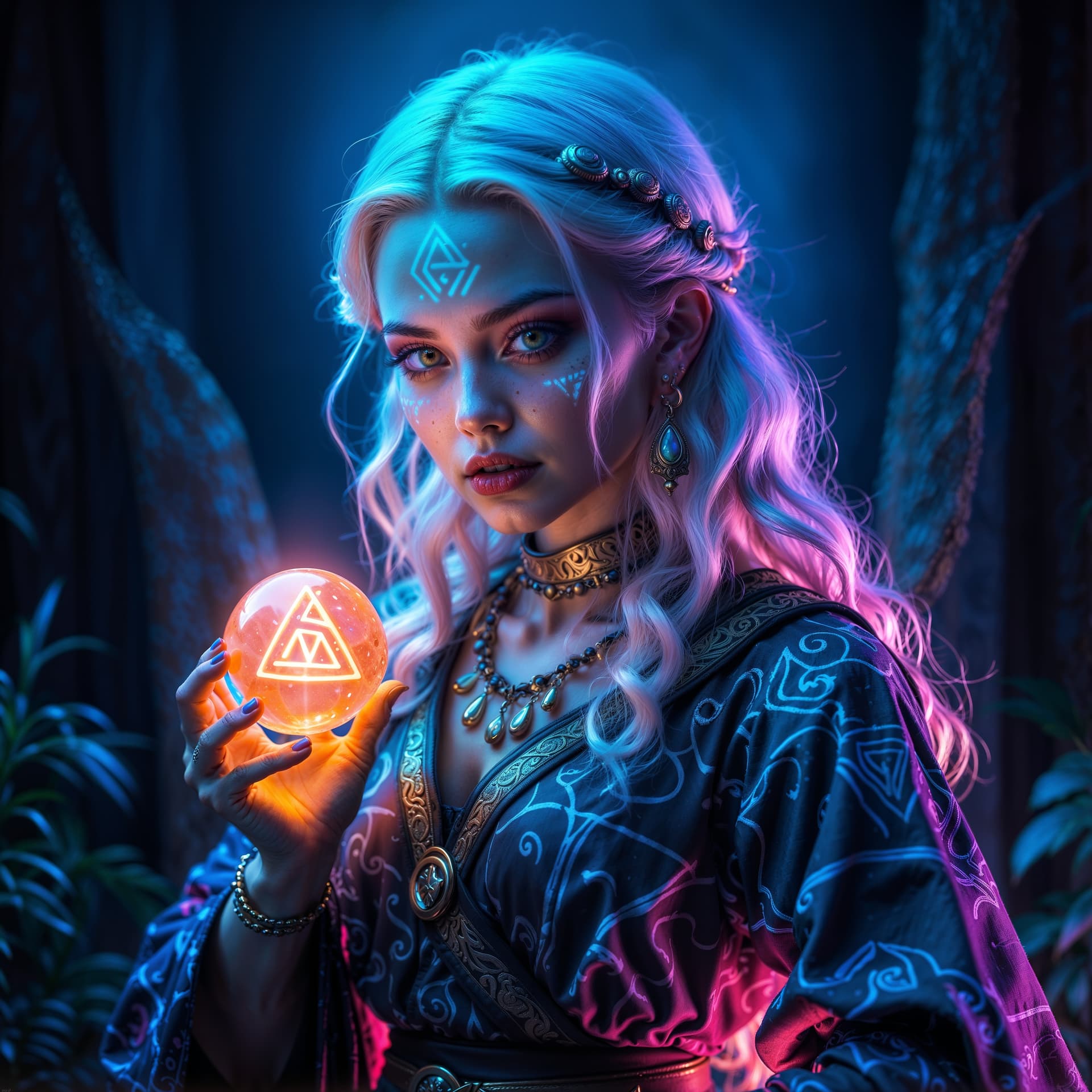 AI generated: A runic witch with runes and glowing engraved runic voodoo symbols, with elegant realistic skin feat...
