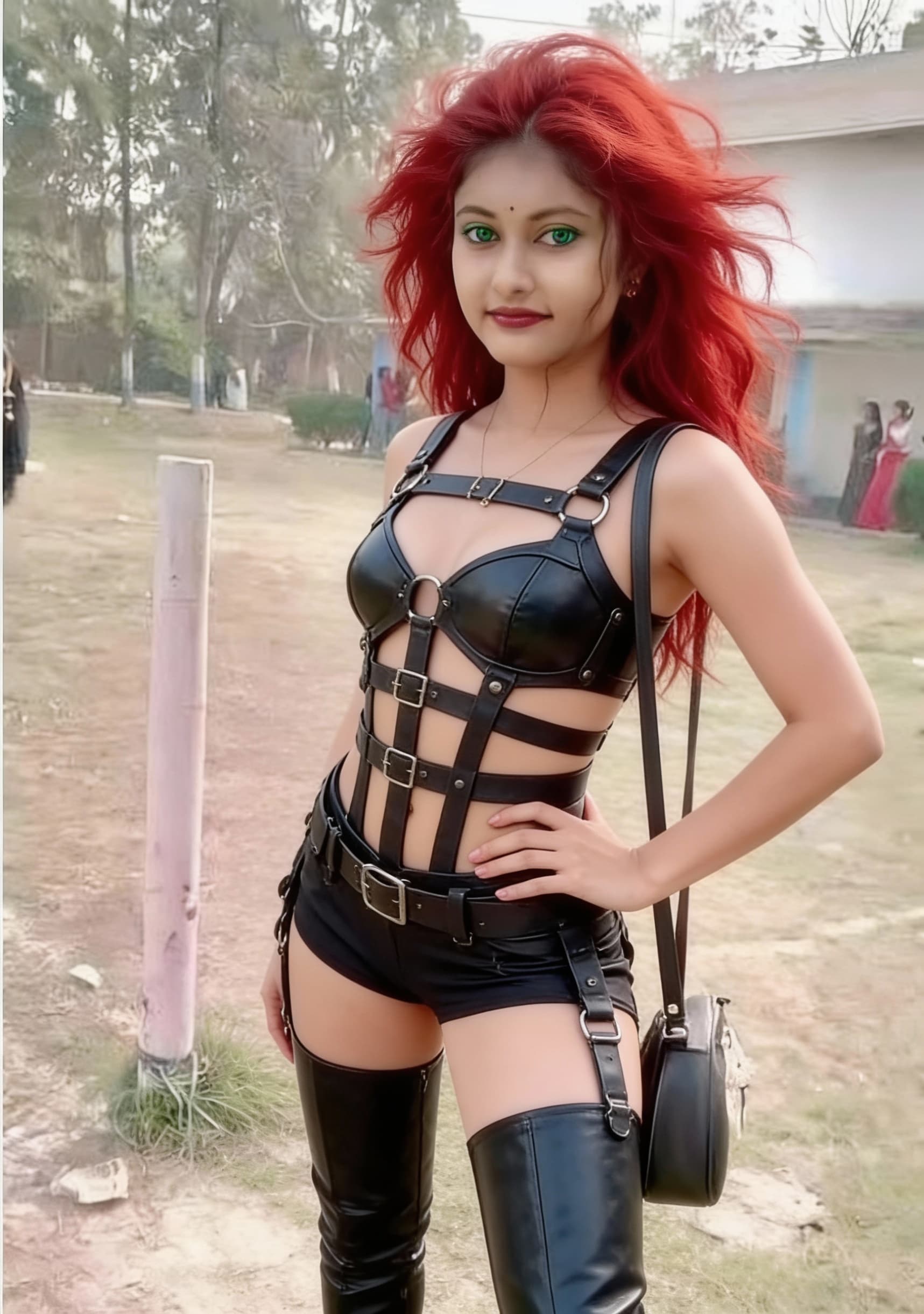 AI generated: Kaitlynn strides over, her leather harness and thigh-high boots making her look both dominant and vu...