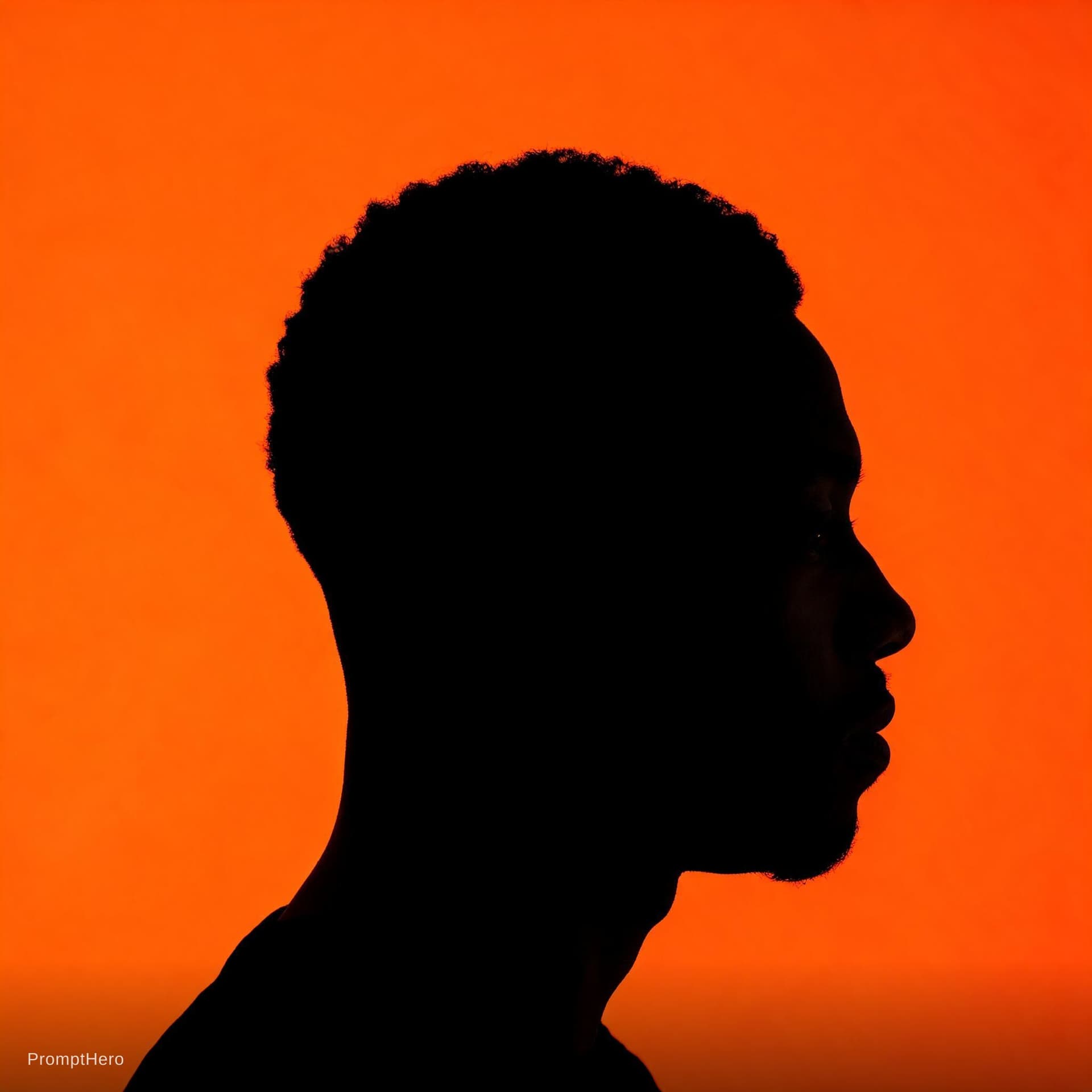 AI generated: photography, portrait of contrast, profile silhouette of a black man, vibrant orange backdrop, visua...