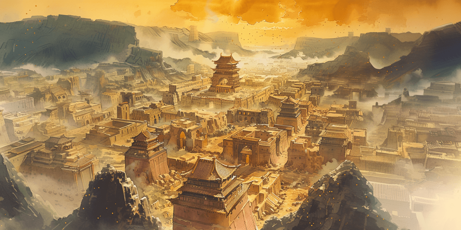AI generated: a rumiko takahashi watercolor illustration depicts an ancient city with crumbling buildings and a la...