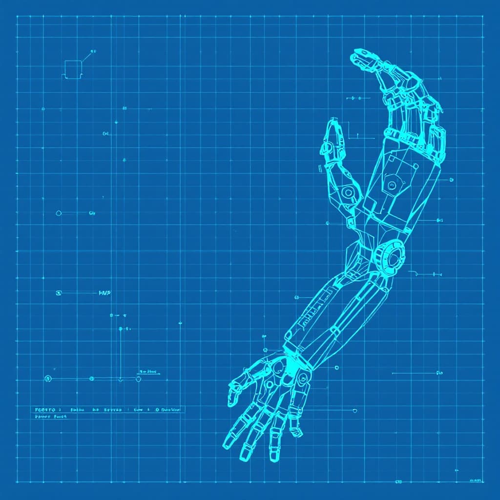 AI generated: “A blueprint of a futuristic robotic arm, labeled joints and servos, digital design grid background ...