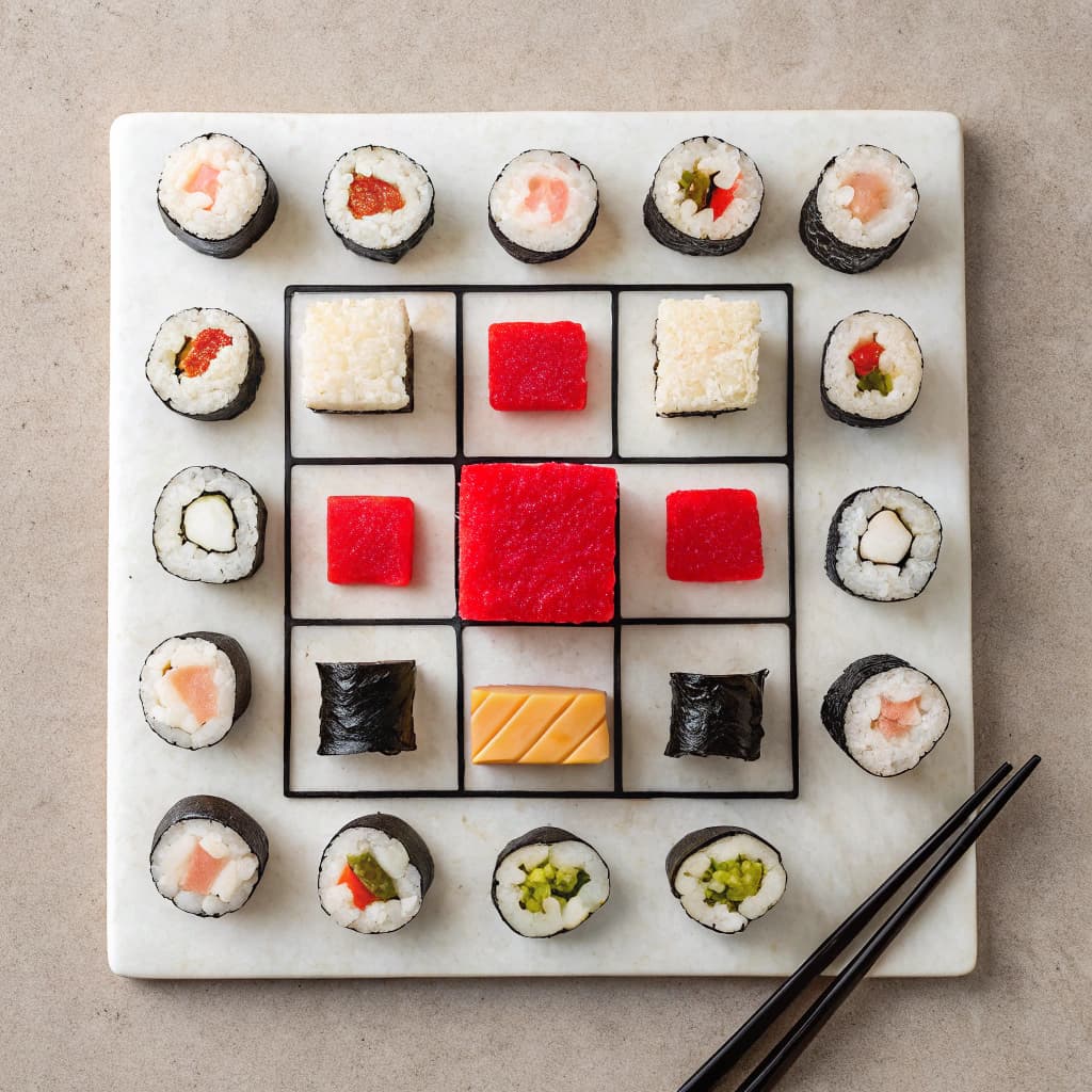 AI generated: A highly realistic tabletop photograph of a conceptual sushi arrangement inspired by the work of Kaz...