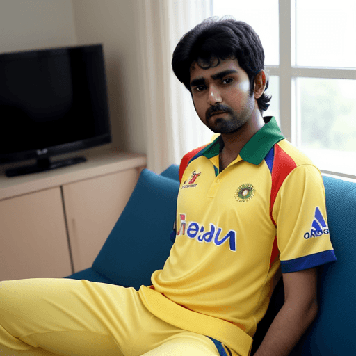 AI generated: A boy watching cricket match while sitting on sofa on his tv with yellow jersey with name Ramkrish j...