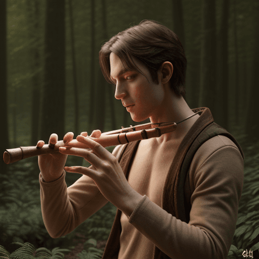 AI generated: an average looking, DnD human, in a forest, plaing a wooden piccolo flute, 4k, photorealistic, mysti...