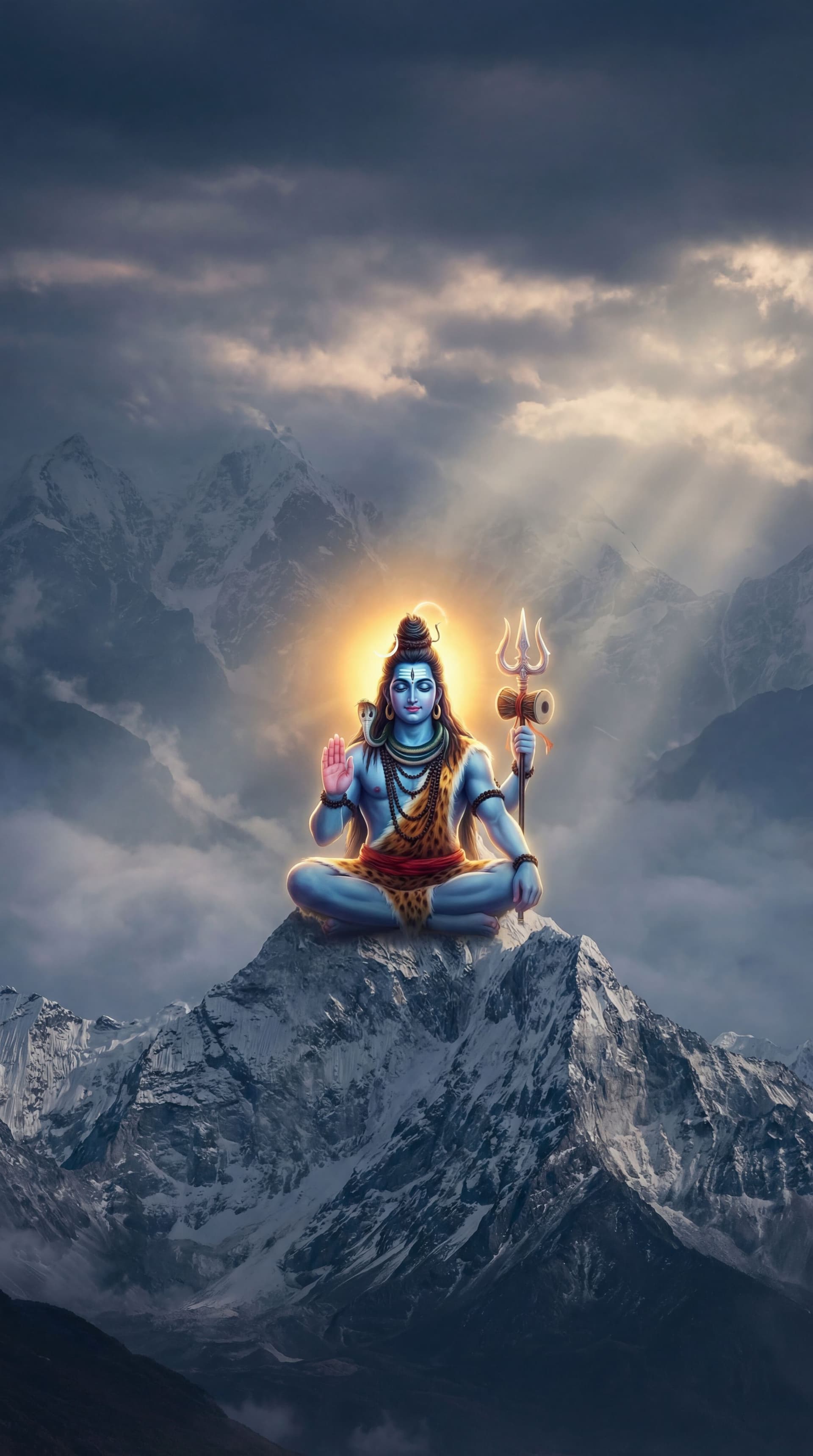 AI generated: Radiant Lord Shiva blessing from light aura, soft glowing trishul and damru, Himalaya backdrop, divi...