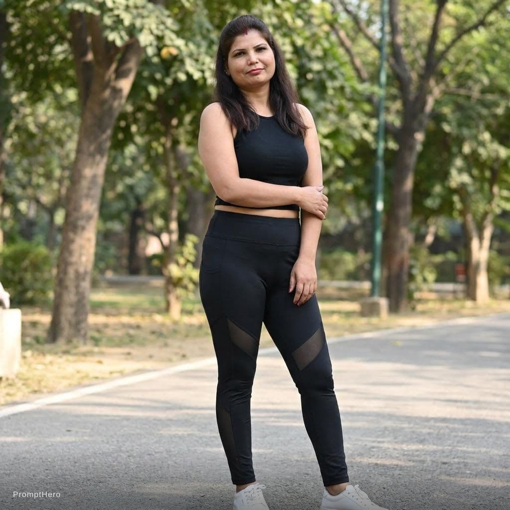 AI generated: Standing cute, wearing a cropped tanktop and leggings,  no smile showing teeth, smirk