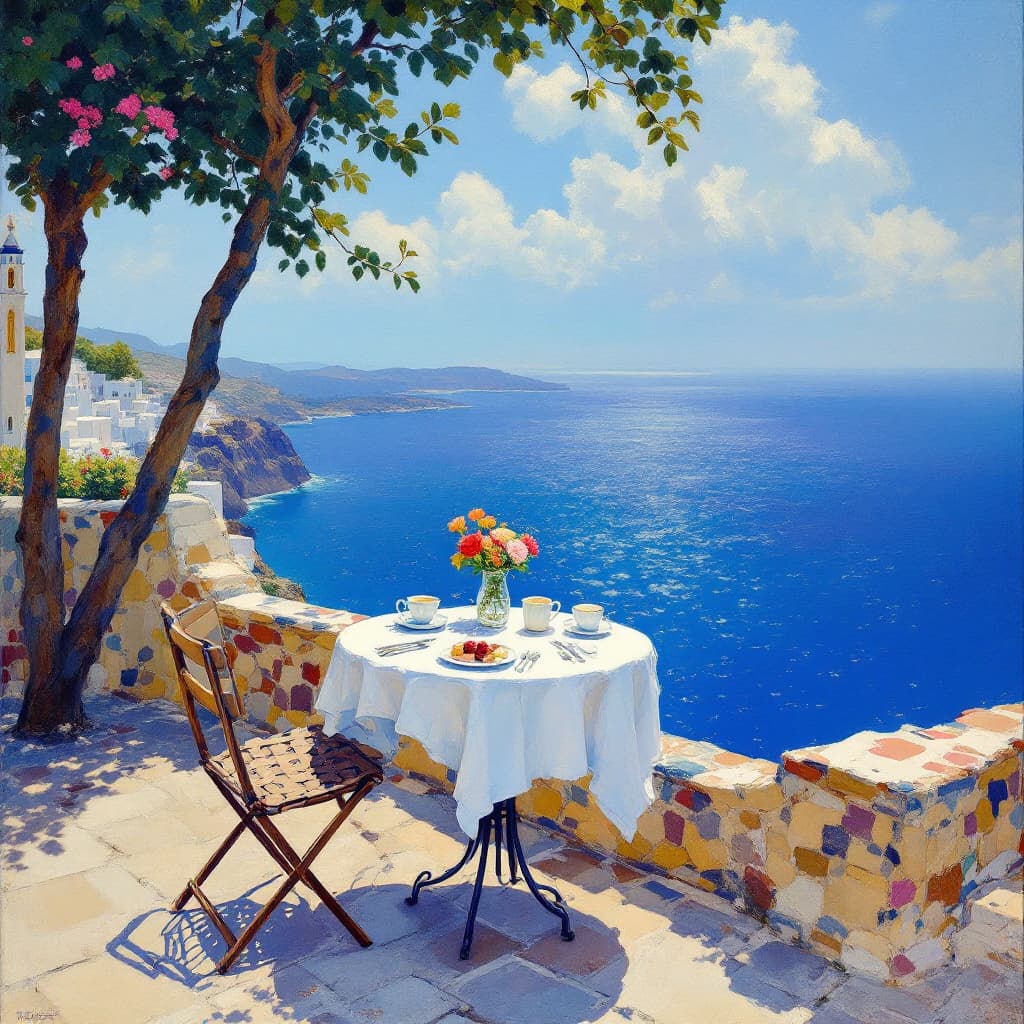 AI generated: Oil painting of bistro table with tea and cakes overlooking the Aegean Sea in the style of Jean-Léon...