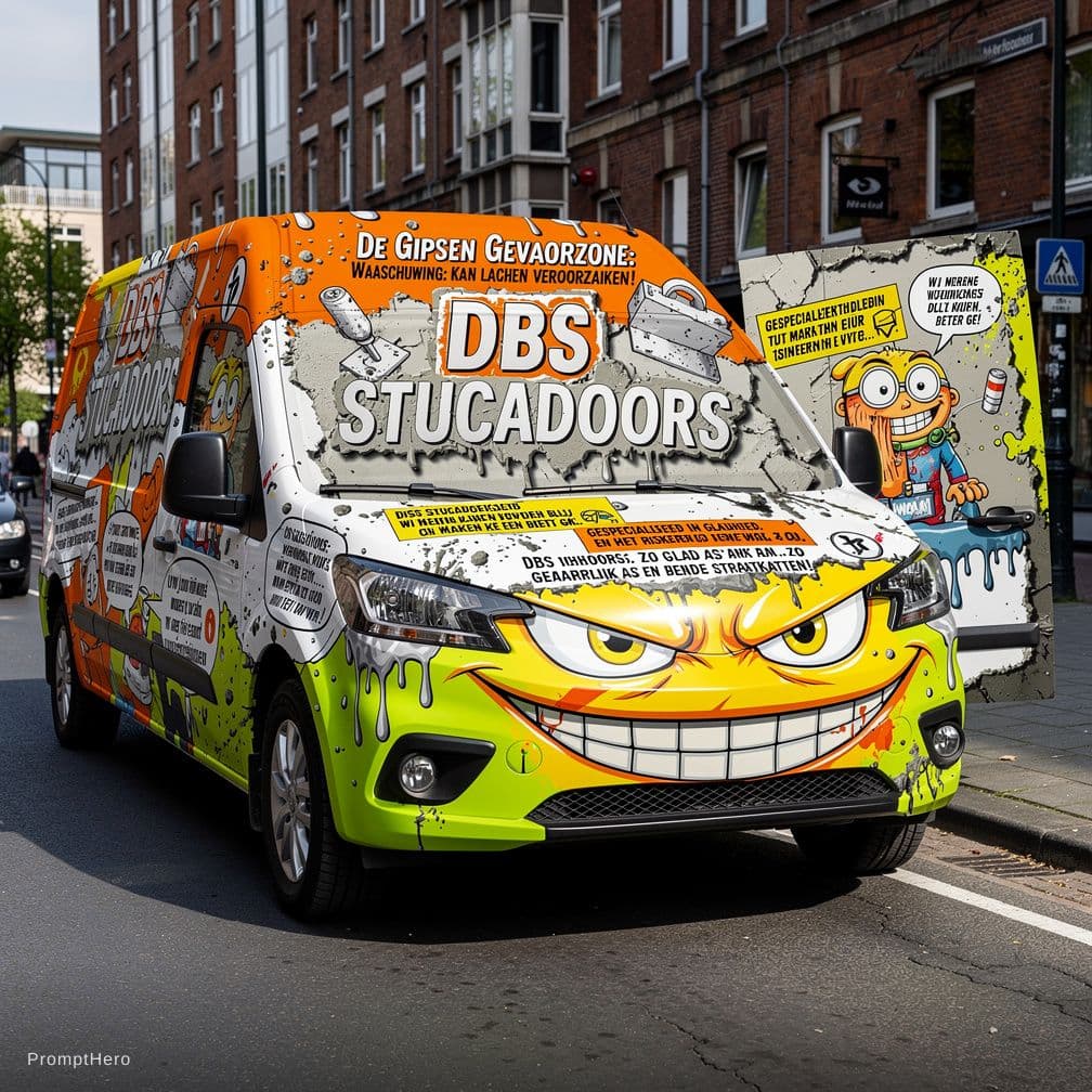 AI generated: Opdracht: De Werkbus-Opdruk voor DBS Stucadoors - "De Gipsen Gevaarzone: Waarschuwing: Kan Lachen Ve...