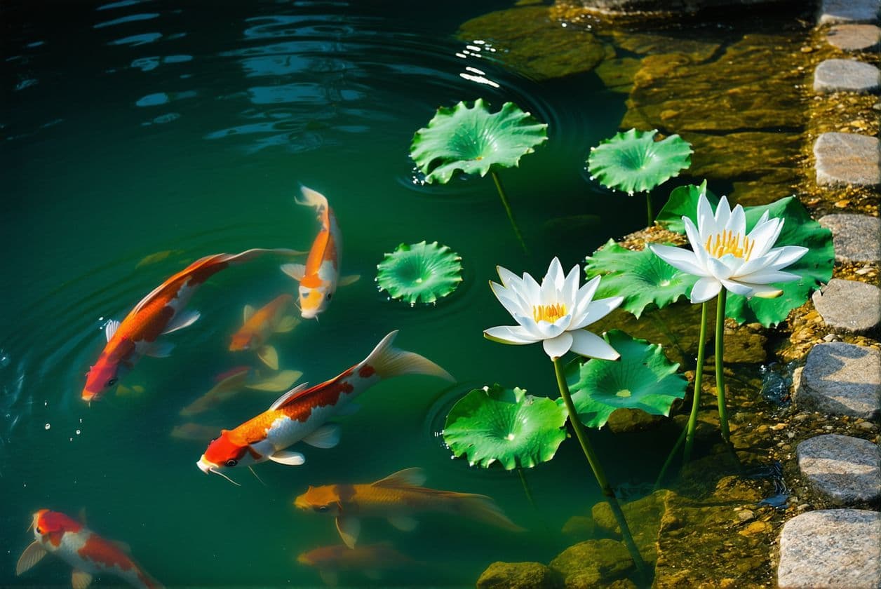 AI generated: quiet lily pond with some lilies in the water and some swimming carp. rocky shore. side view.