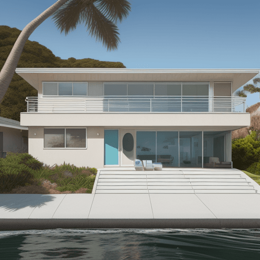 AI generated: Hyper realistic eye level exterior photo of a mid century modern style house overlooking the ocean,