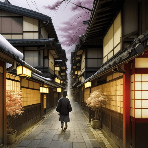 AI generated: kyoto, walking tour japan, in the style of hinchel, villagecore, manga-influenced, spiritual resonan...