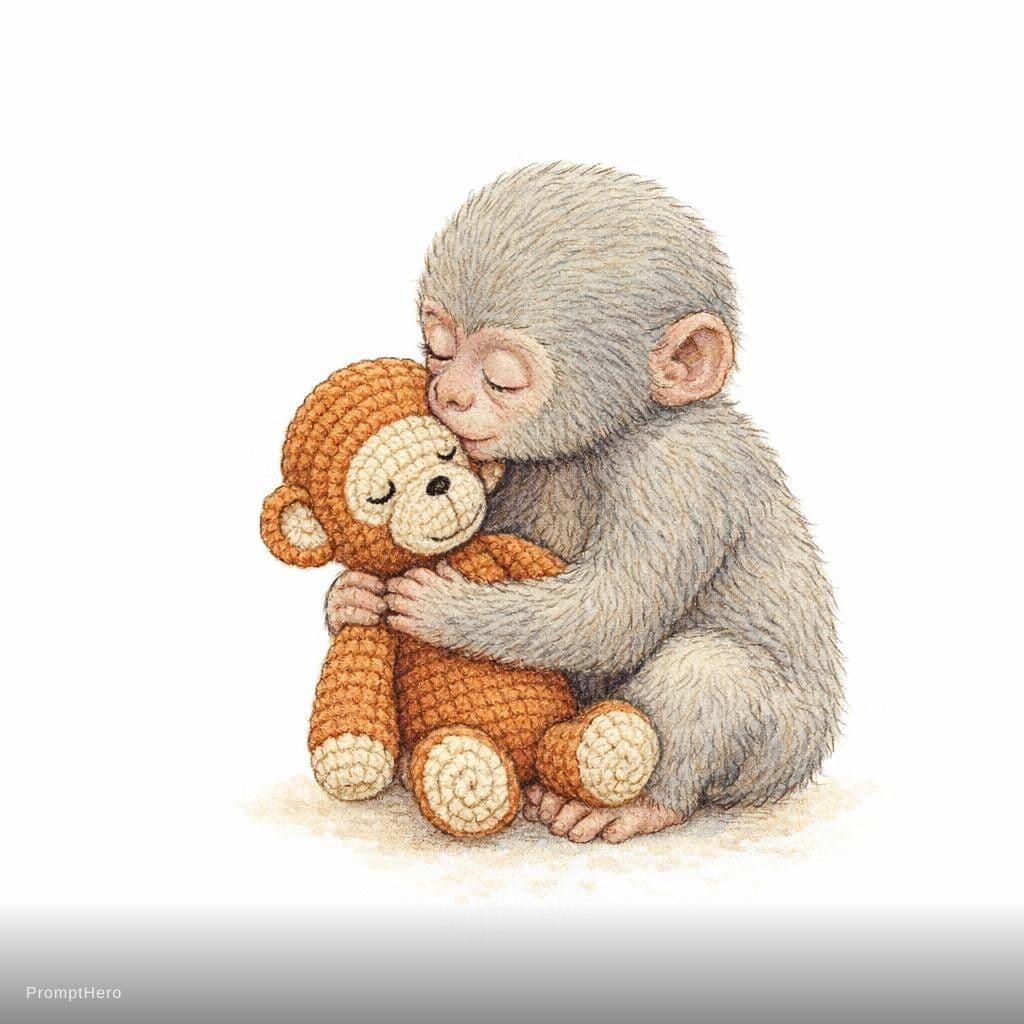 AI generated: vintage children's book illustration, cute baby monkey gently kissing its small crochet stuffed monk...