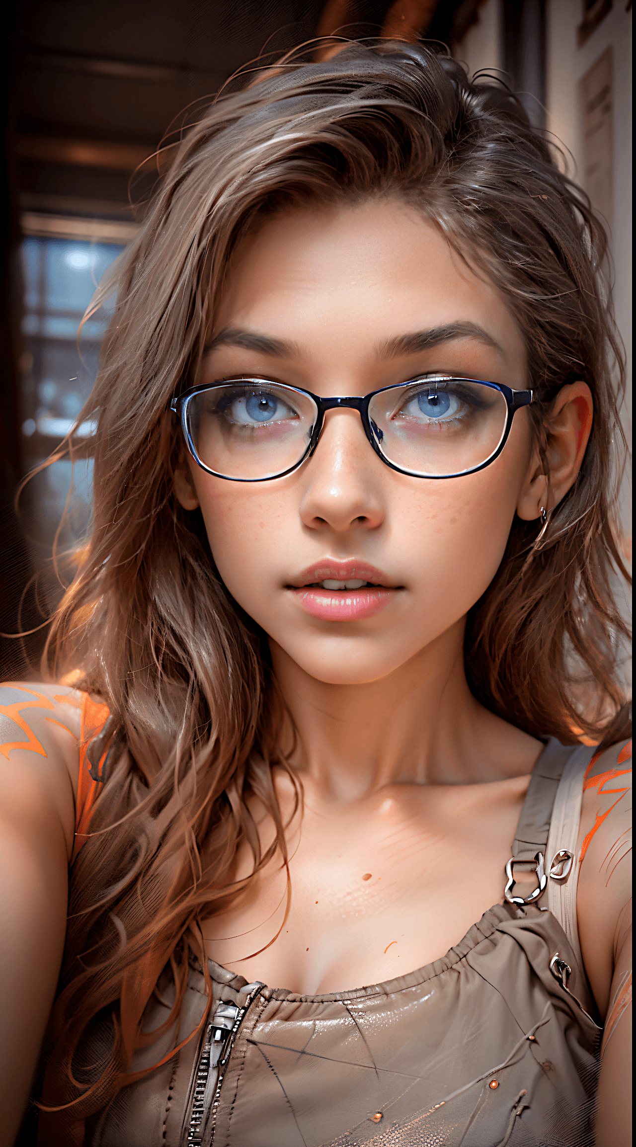 AI generated: Create a selfie portrait mode of a beautiful girl, with beautiful lips, the most gorgeous dark blue ...