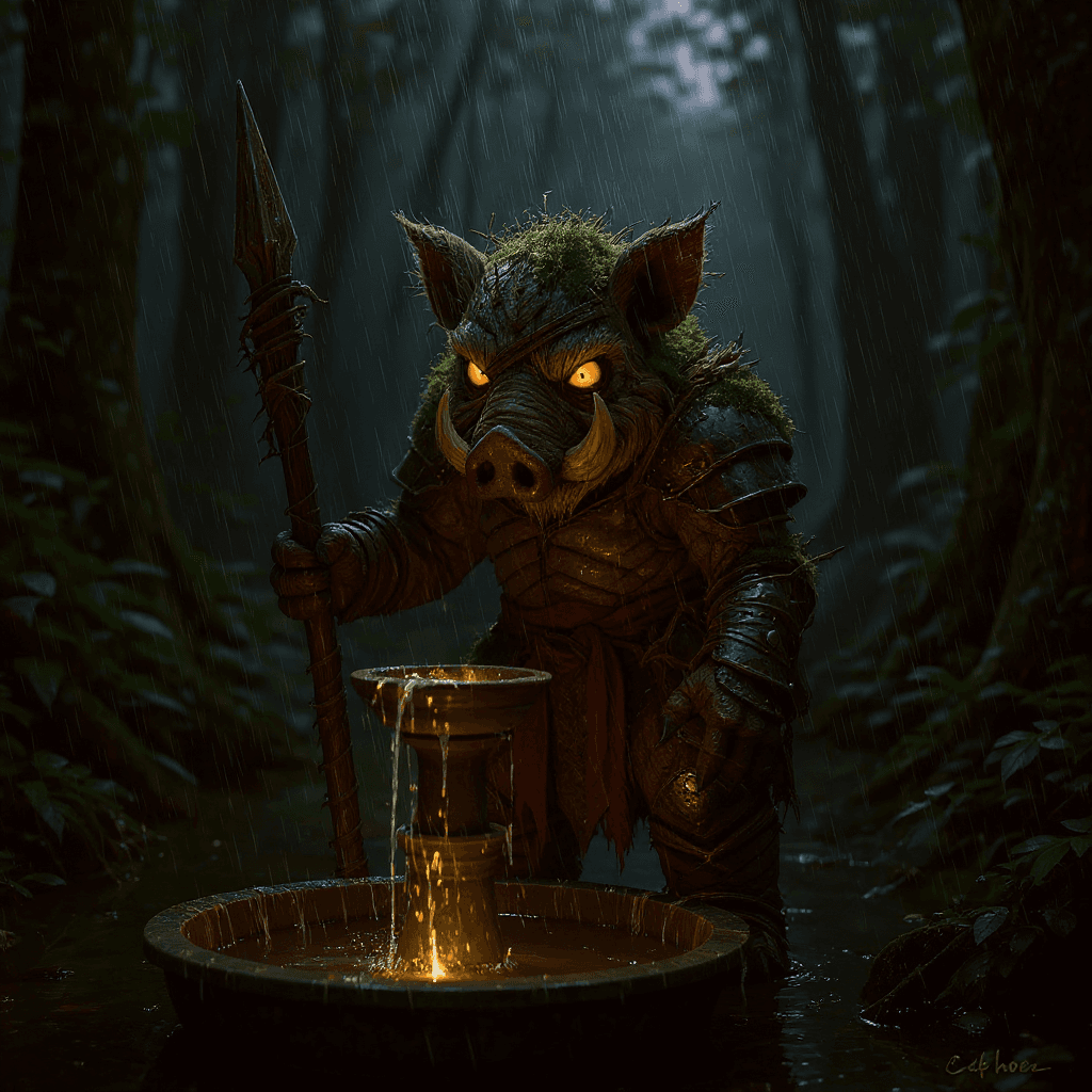 AI generated: I want this character, to be tending an old fountain in the middle of a forest at dusk, with rain fa...